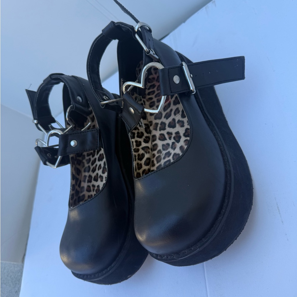 Demonia Black Mary Jane Shoes with Heart Buckle - Picture 3 of 12